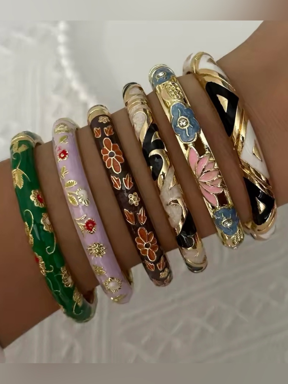 Handcrafted Multicolor Floral Enamel Bangle Set - Women Jewelry